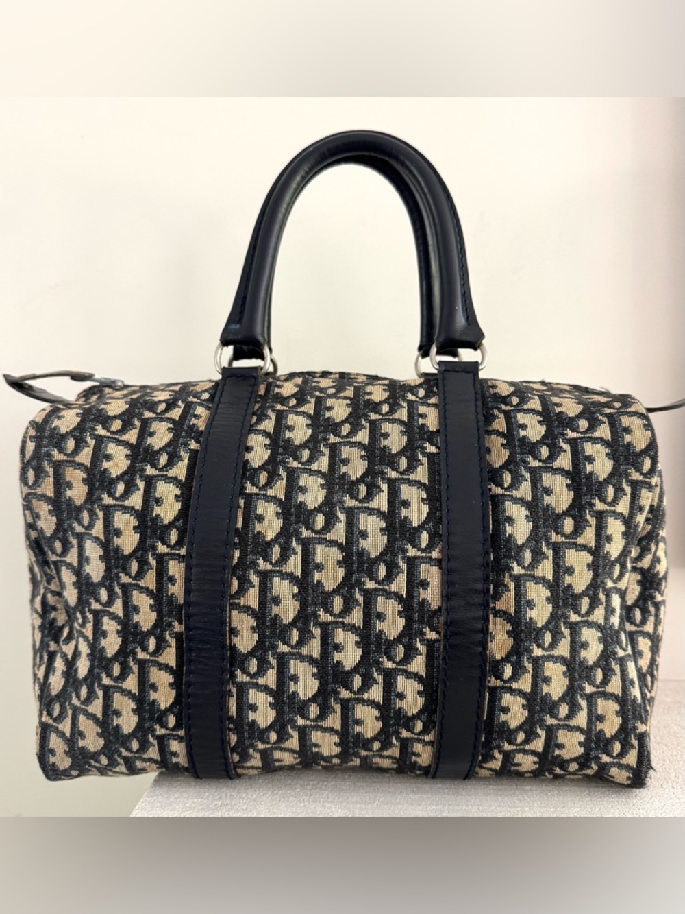 DIOR Vintage Trotter Boston Bag 30cm Navy Jacquard Canvas Navy Leather